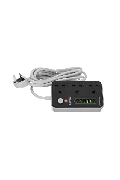 LDNIO وصلة طاقة، 3 مقابس، كابل 2 متر، 6 منافذ USB