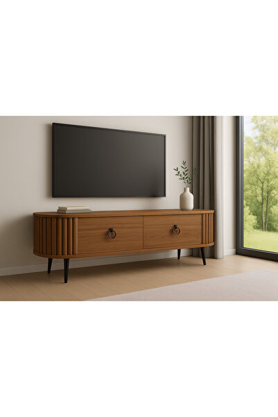 moka park avm Linea 180 lik Ovalli Çıtalı 2 Kapaklı TV Ünitesi – Ceviz Detaylı, 180 cm, Duvara Monte Edilebilir