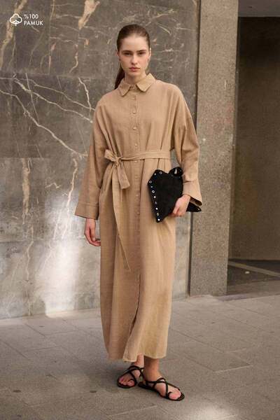 Hooopstore Linen Textured Mink Shirt Dress