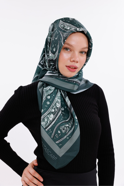 tarzınısec Eșarfă din satin din șifon cu model vintage verde - 100x100 cm