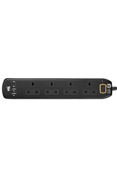 Green Home سلك تمديد طاقة، 4 مقابس، 2 منفذ USB ومنفذ واحد من النوع C، طول الكابل 3 أمتار، أسود