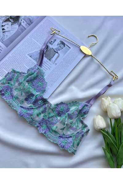 HAMA LOVE Purple Floral Embroidered Lingerie Set