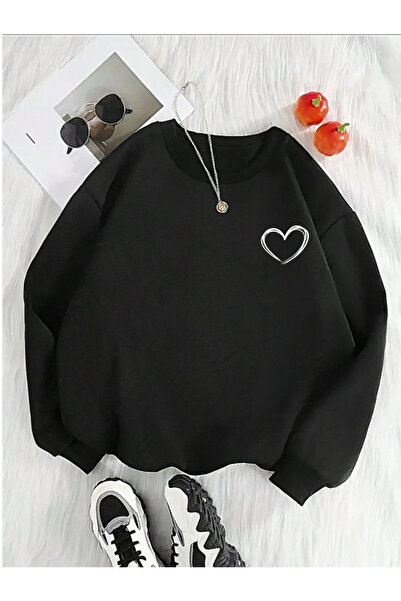 Trend Sizde Unisex Black Pocket Heart Printed Crew Neck Sweatshirt