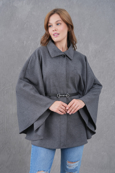 Giyim Gezegeni Women's Waist Belted Cashmere Gray Poncho New Season Stylish Oversize Trendy and Comfortable Modern Outerwear