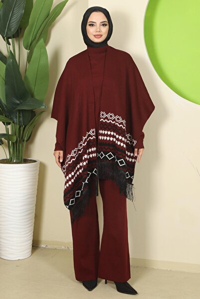 hafsamina Kilim Pattern Poncho Three-Piece Knitwear Set Burgundy Hm2816