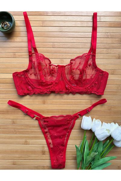 HAMA LOVE Women's Red Embroidered Lingerie Set