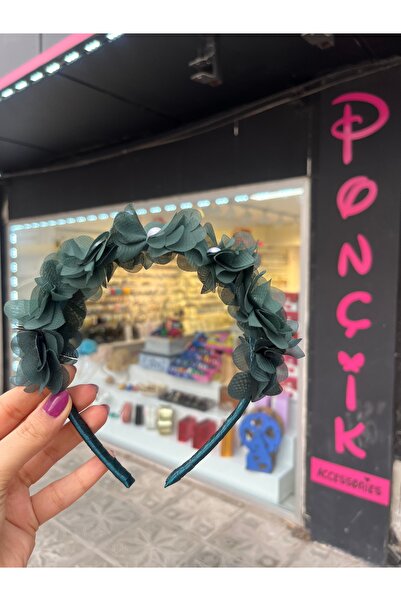 PONÇİK ACCESSORİES تاج مطلي بالساتان بنقشة الزهور باللون الأخضر الزمردي - للخ...