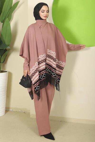 hafsamina Kilim Pattern Poncho Three-Piece Knitwear Set Dusty Rose Hm2816
