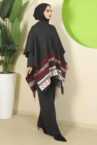 hafsamina Kilim Pattern Poncho Triple Knitwear Set Anthracite Hm2816