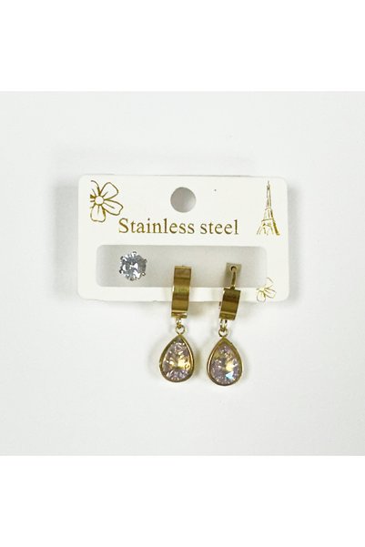 Perissy Gold-tone stone embellished 3-piece stainless steel earring set