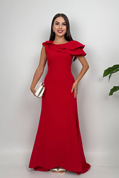 DPARİS Long Dress with Ruffled Shoulders and Rose Detail