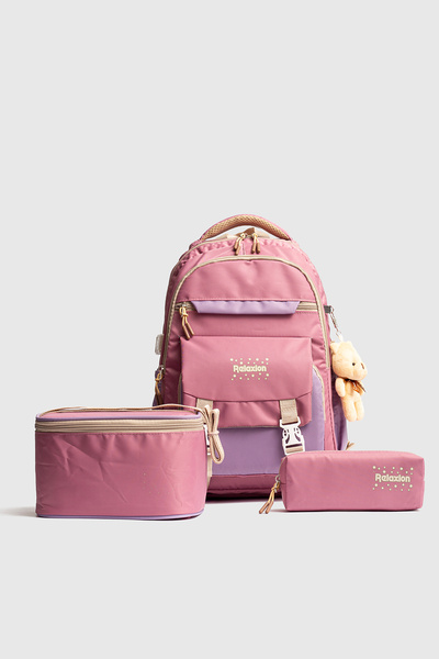 Fiyaka Rlx-1396 Set of 3 Children's Primary School Bag with Pencil Holder and Lunch Bag Backpack Pink-Purple