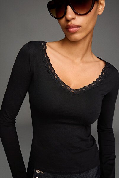 Bershka Long sleeve lace T-shirt