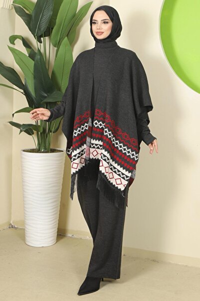 hafsamina Kilim Pattern Poncho Triple Knitwear Set Anthracite Hm2816