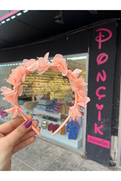 PONÇİK ACCESSORİES Somon Rengi Çiçekli Saten Kaplama Taç-Nişan Düğün Nikah Ge...