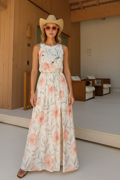 Sisa Butik ÖZEL FİYAT İthal Süprem Kumaş Digital Baskı Cepli Yırtmaçlı Elbise