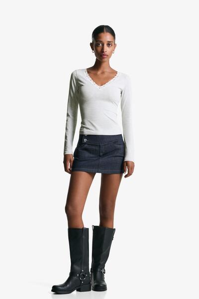 Bershka Uzun kollu dantel tişört