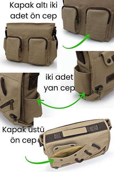 Cappadocia Vintage 4017 Light Brown 14-Inch Laptop Canvas Messenger School Bag Unisex with Lock Multi-Pocket Shoulder Strap