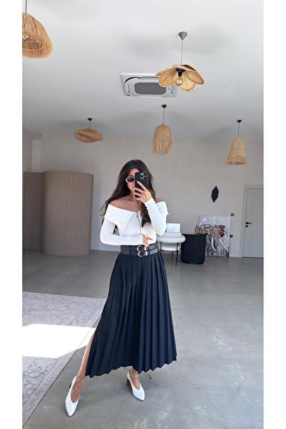 Buket Teke Navy Blue Double Belted Pleated Skirt
