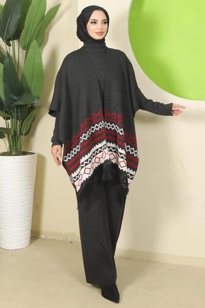 hafsamina Kilim Pattern Poncho Triple Knitwear Set Anthracite Hm2816