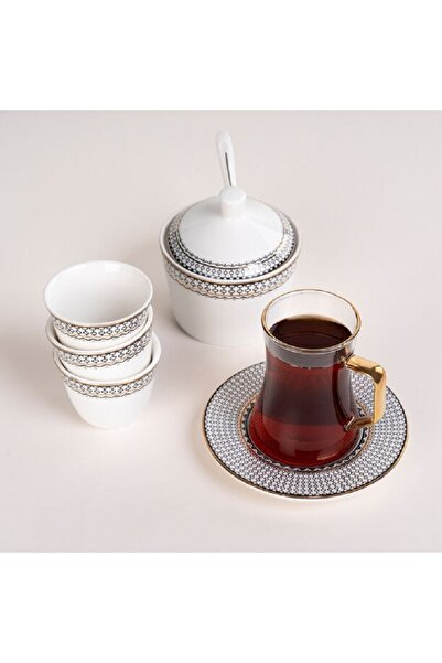 Dallaty طقم فناجين شاي وقهوة من الزجاج والخزف الأبيض 18 قطعة