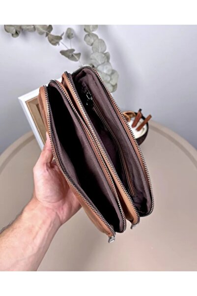 Fil Deri Genuine Leather Large Handbag with Zipper and Wrist Strap 2107