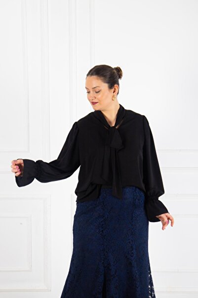 Bedrinxxl Kadın Büyük Beden Fular Yaka Uzun Kol Bluz