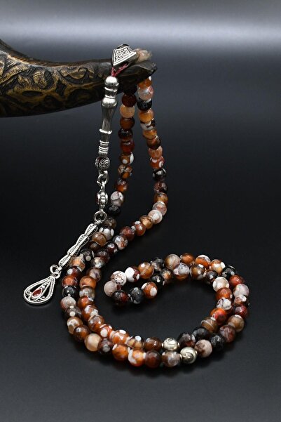 Prestige سبحة من حجر العقيق الطبيعي المنقط 99 حبة مع شراشيب معدنية 6 مم قطع كروي 902267