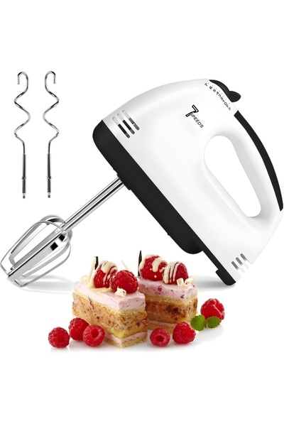 FOXMAG24 Hand mixer, 7 speeds, 260W power, 2 whisks and 2 INOX hooks, white