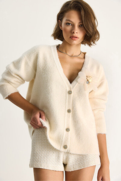 Bianco Lucci Women's V-Neck Buttoned Cardigan with Floral Accessories Soft Textured Cardigan 25301 60284081