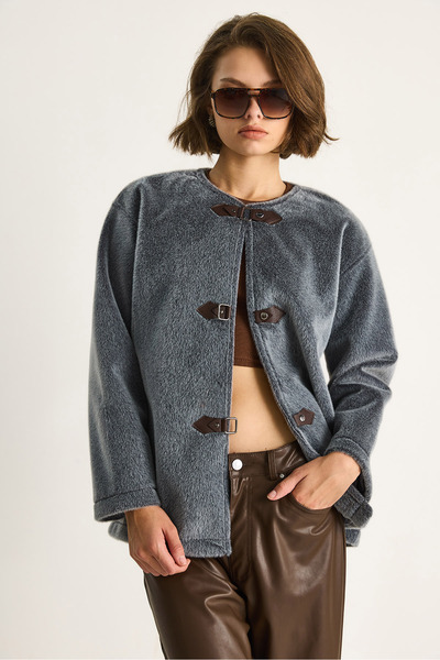 Bianco Lucci Women's Leather Buckle Detailed Lined Wool Textured Short Coat 7022 60284077