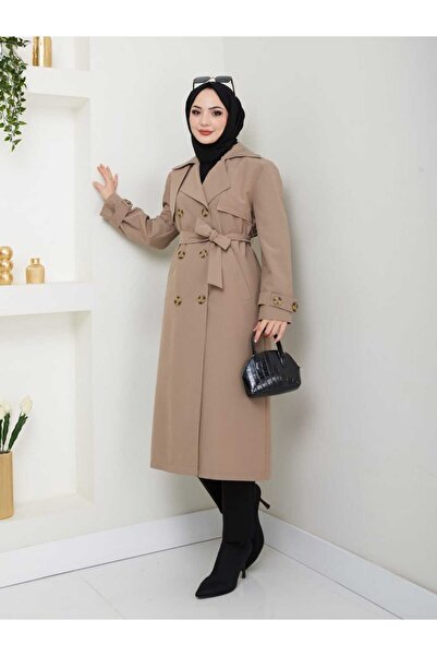 B.HE.Z Keten Kumaş Diz Altı Astarlı Yırtmaçlı Trend Model Trençkot Vizon