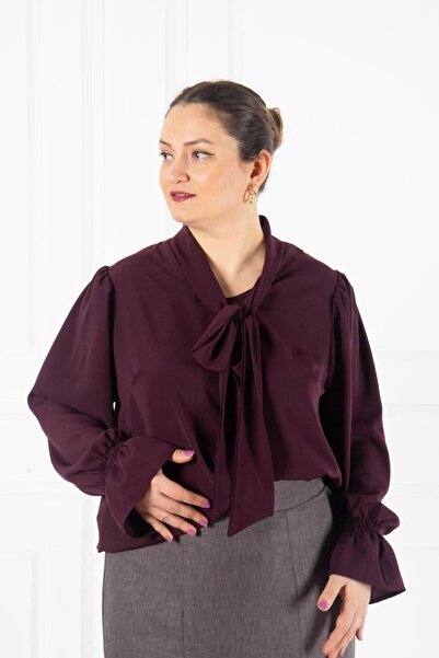 Bedrinxxl Kadın Büyük Beden Fular Yaka Uzun Kol Bluz