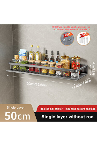 Choice3 gray-50cm 1/2Pcs No Punch Spice Rack Wall Mounted Kitchen Spice Organizer with Hook Rod Seasoning Ra