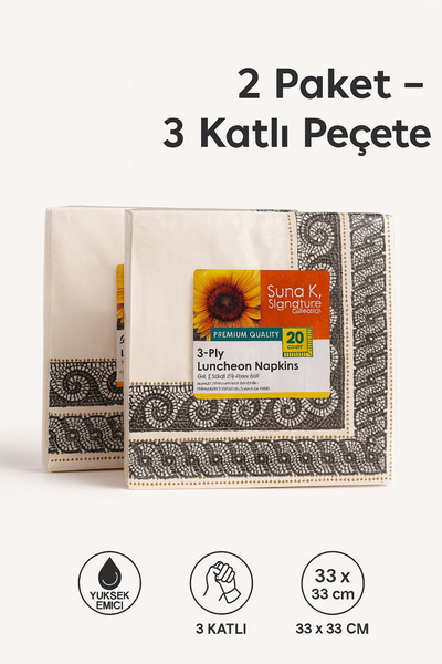 ermaslicon Siyah Desenli 3 Katlı Sofra Peçetesi – 20’li Paket – 33x33 cm