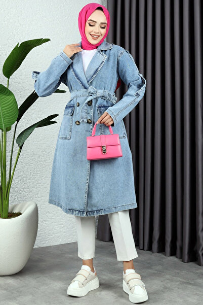 Ottawe Relaxed Rahat Ceket Yaka Uzun Detaylı Kol Çift Cep Kuşaklı Düğme Kapama Casual Denim Jean Trençkot
