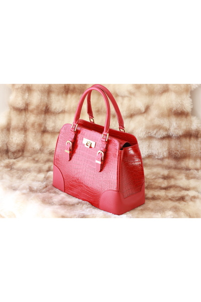 Aksesuarlia Red Color Crocodile Pattern Genuine Leather Bag - Luxury Handbag and Shoulder Bag - with Shoulder Strap