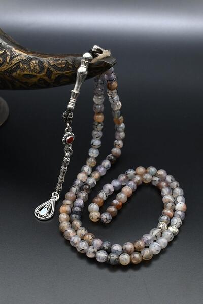 Prestige Rozariu din piatră de agat natural cu granule, 99 de piese, cu ciucuri metalice, tăiat în sferă de 6 mm 902264