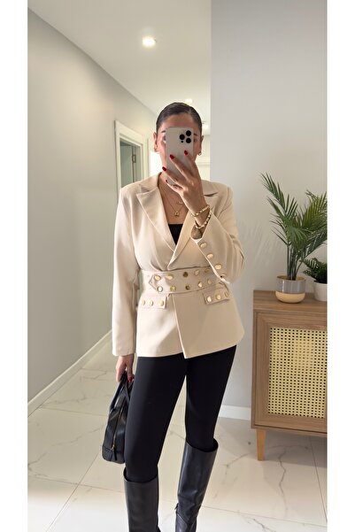 BİRCANÇİL Desla Beige Blazer με λεπτομέρεια και κορδόνια με ζώνη
