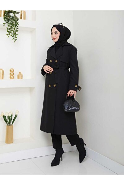 B.HE.Z Amazon Linen Fabric Below-Knee Lined Slit Trendy Model Trench Coat Black