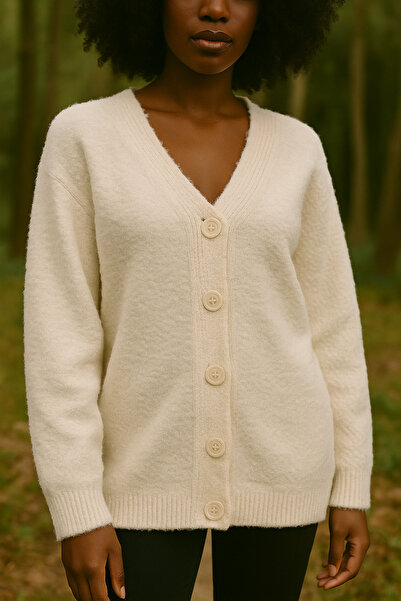 minaaise Women's Ecru Loose Fit Buttoned Soft Textured Cardigan 6232
