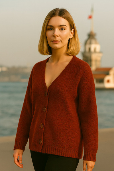 minaaise Γυναικεία μπορντό ζακέτα με μαλακή υφή με κουμπιά 6232