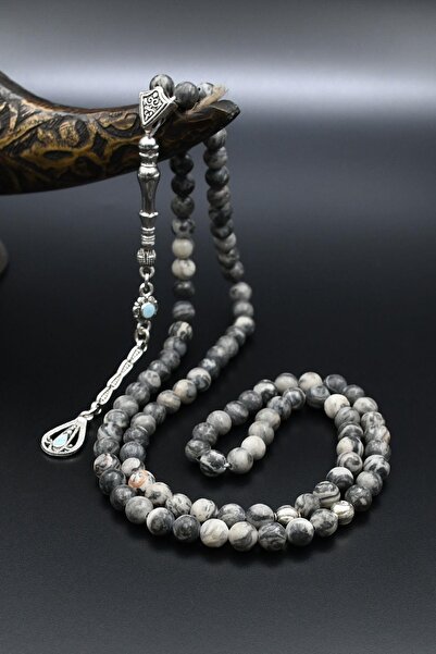 Prestige Χάντρες προσευχής από φυσική γκρι πέτρα Jasper 99 τεμαχίων με μεταλλική φούντα 6mm Sphere Cut 902265