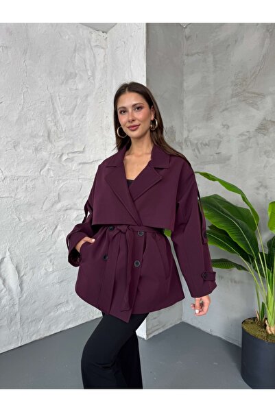Elif Özbey Butik Mürdüm Premium Kuşaklı Trençkot