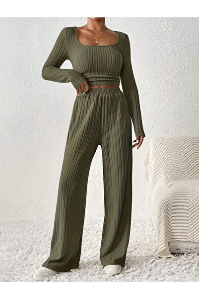 bemmoda Kadın Çizgi Desen Büzgü Detay Rahat Kesim İnterlok Alt Üst Takım
