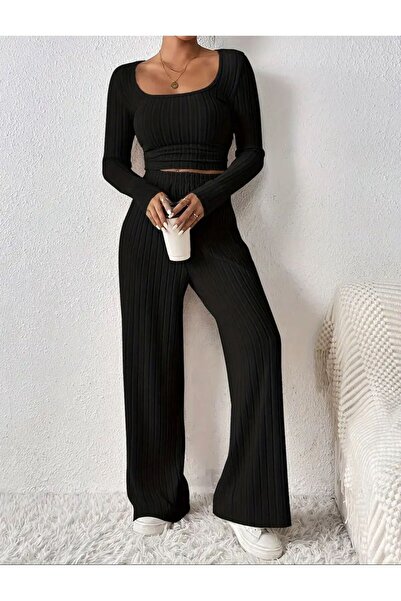 bemmoda Women's Stripe Pattern Drawstring Detail Relaxed Fit Interlock Top and Bottom Set