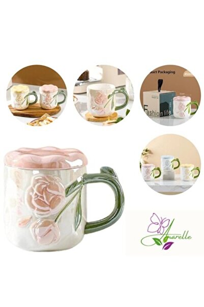 Manolex Cadou Cana ceramica roz cu motiv floral, + Cutie cadou, Capacitate 450 ml, 9,2x9,6 cm, capac inclus,