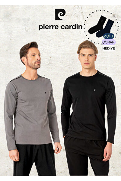 Pierre Cardin Erkek %100 Pamuk Uzun Kollu Logolu Koyu Gri & Siyah İki Adet Pijama Takımı L1.PC.6100.002