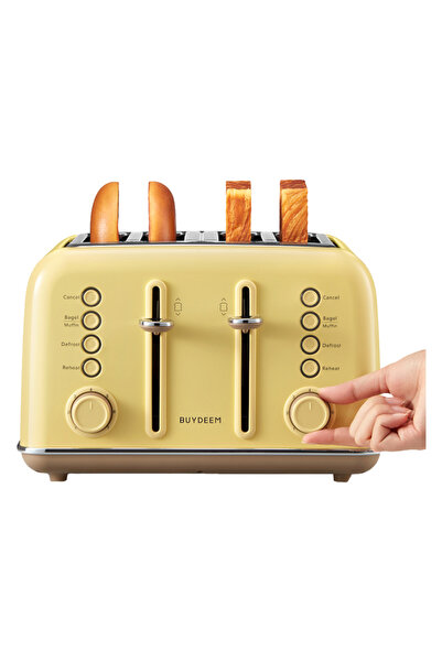 BUYDEEM DT640E Bread Toaster, 1800W, 4 Slots, 7 programs and levels, Indicators, Crumb Trays, Yellow
