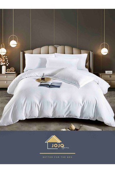 JOJO HOME Double bed linen, Deluxe fine damask, 6 pieces, fitted sheet, White